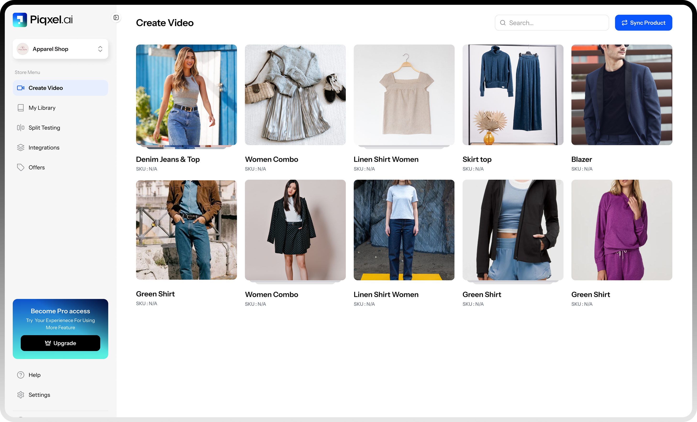 Piqxel.ai Dashboard showing AI video generation for Shopify products